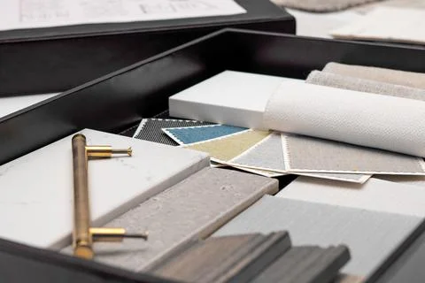 Interior designer's working table, an architectural plan of the house, a color 스톡 사진