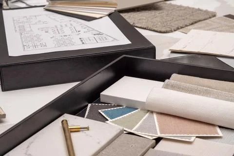 Interior designer's working table, an architectural plan of the house, a color Stock Photos