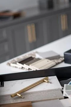 Interior designer's working table, an architectural plan of the house, a color 스톡 사진
