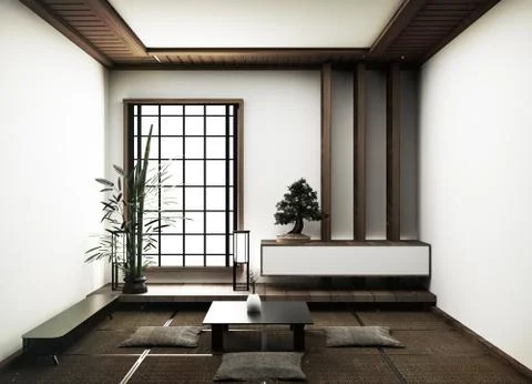 Interior design,modern empty living room with floor tatami mat and traditiona Stock Illustration