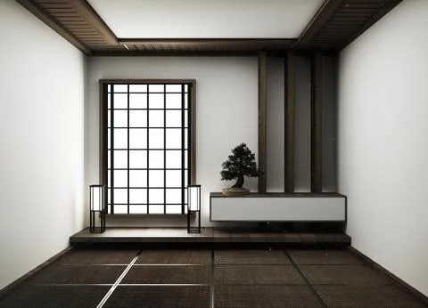Interior design,modern empty living room with floor tatami mat and traditiona Stock Illustration