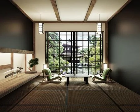 Interior design,modern living room with table katana sword lamp and bonsai tr Stock Illustration