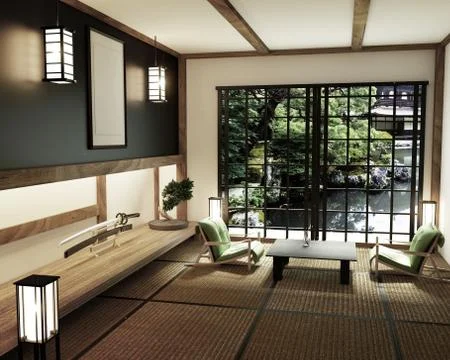 Interior design,modern living room with table katana sword lamp and bonsai tr Stock Illustration