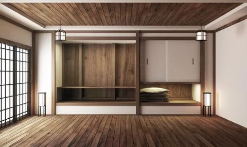 Interior design,modern living room with table on tatami mat floor Japanese st Stock Illustration