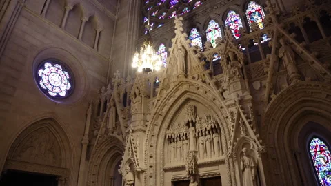 Interior details of the Gothic St. Patrick's Cathedral in Manhattan in New York Stock Footage 245441349