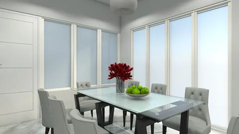 Interior Dining Room Design with Set Dining Table and Large Glass Window Stock Illustration