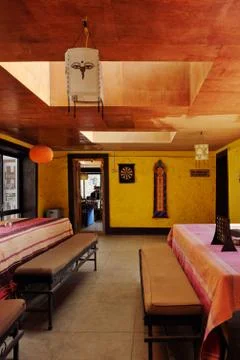 Interior dining room in the lodge base camp on the track around Annapurna Stock Photos
