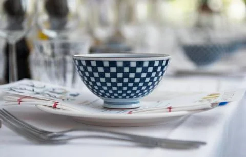 Interior of dining room set up for dinner Stock Photos