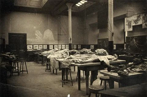 The interior of a dissecting room in Edinburgh, with half-covered cadavers .. Stock Photos