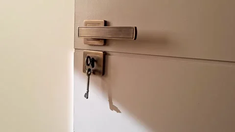 Interior door handle and locking mechanism with a key and spare key in the lock Vidéo 344237069