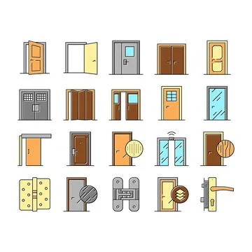Interior Doors Types Collection Icons Set Vector . Illustration