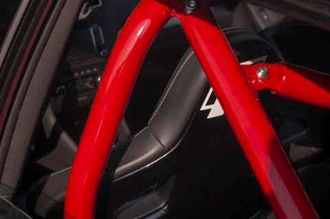 Interior of a Drift Car with a Red Roll Cage Close-Up. Stock Photos