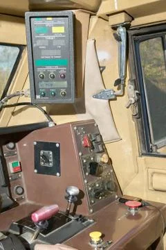 Interior of the drivers cabin in a moving train Stock Photos