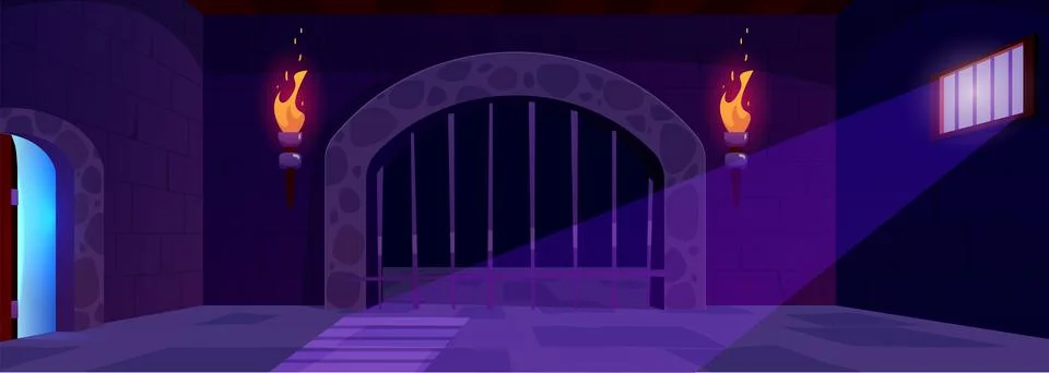 The interior of the dungeon with ancient stone walls and a door illuminated by Ilustración de archivo