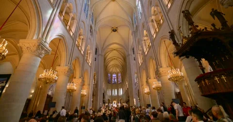 Interior of the Eglise de la Sainte Trinite church in Paris with tourists Stock Footage 313588743