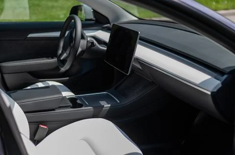 Interior of an electric car. Caring for the environment. Fotos de archivo