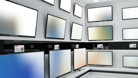Interior of electronics store with synchronized video playing on screens of Stock Footage 157908185