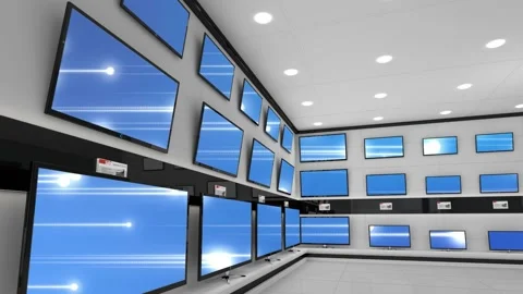 Interior of electronics store with synchronized video playing on screens of Stock Footage 157908206