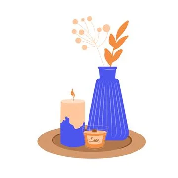 Interior elements, candles, aromatherapy, leaves in vase. Decorative design.. 스톡 일러스트