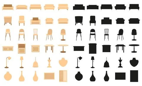  Interior elements in flat style and silhouettes. Vector illustration of f... Stock Photos