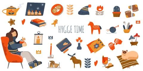 Interior elements. Hygge concept design. Christmas greeting stickers. Nordic Stock Illustration