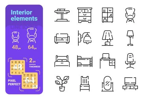 Interior elements line icons set Stock Illustration
