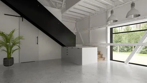 Interior empty barn house 3D rendering Stock Photos