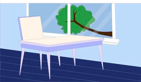 Interior of empty Classroom. Cartoon white and blue desk with chair Stock Illustration