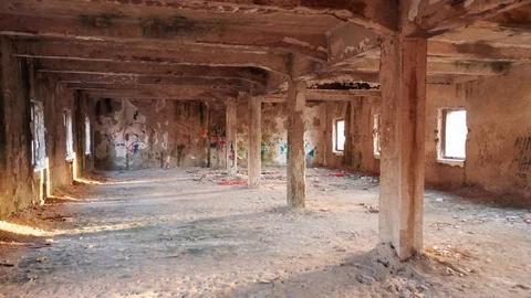 Interior of an empty derelict building - abandoned and demolished barracks Stock Footage 127339607