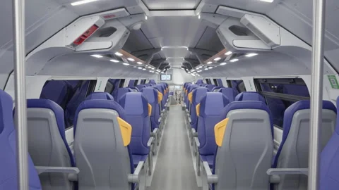 Interior of empty double decker train moving at night towards Venice Stock Footage 325607564