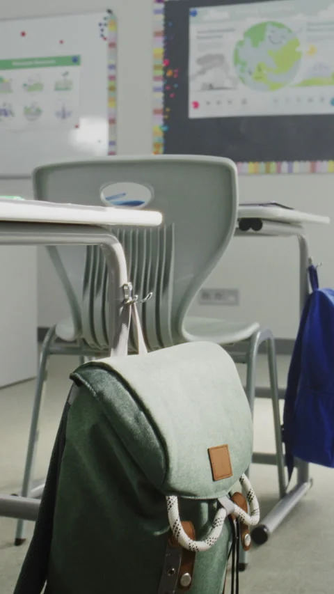 Interior of Empty Elementary School Classroom with Desks and School Supplies Stock Footage 315532727