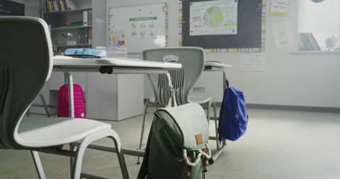 Interior of Empty Elementary School Classroom with Desks and School Supplies Stock Footage 315533502