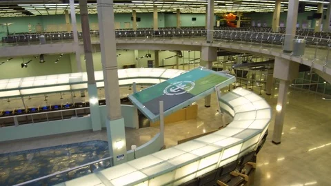 Interior of empty lobby with check-in counters at Port Everglades terminal 25 Stock Footage 117750422