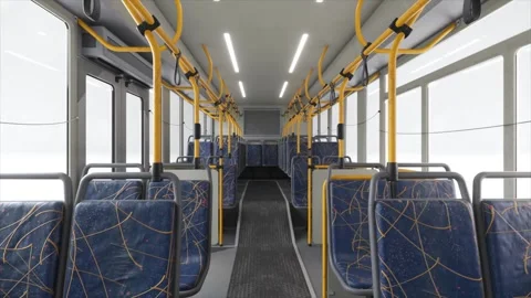Interior of an empty modern city bus with blue patterned seats, yellow handrails Stock Footage 310733152