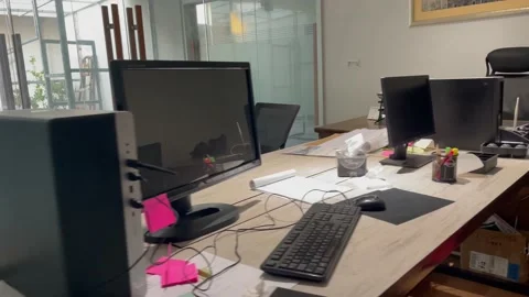 Interior Empty Modern Loft Office open space modern office with LCD Monitor PCs, Stock Footage 237552783