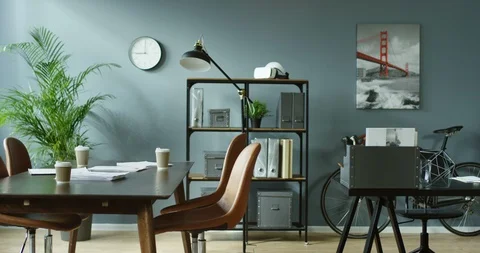 Interior of the empty modern office room with a table for reunions and meetings 스톡 동영상 104975383