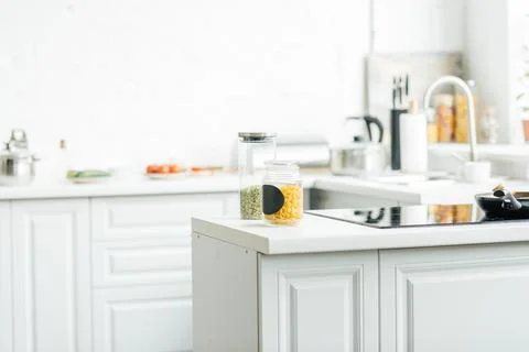Interior empty modern white kitchen Stock Photos