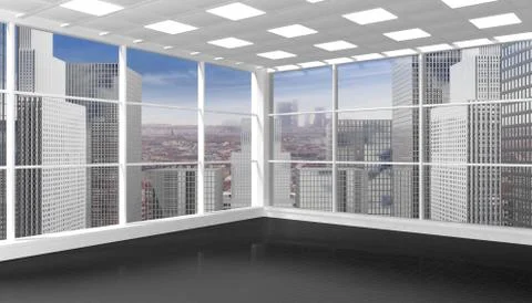 Interior of an empty office/apartment with window and cityscape view Stock Illustration