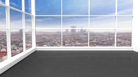 Interior of an empty office/apartment with window and cityscape view Stock Illustration