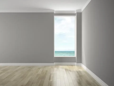 Interior of empty room with sea view 3D rendering Stock Illustration