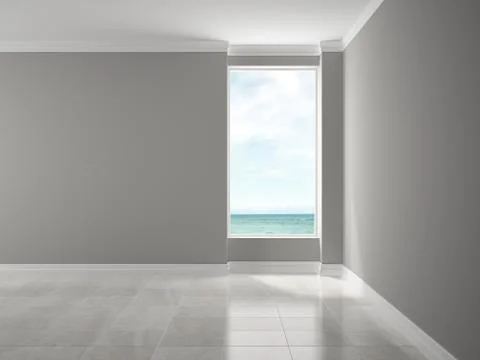 Interior of empty room with sea view 3D rendering Stock Illustration