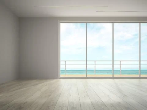 Interior of empty room with sea view 3D rendering Stock Illustration