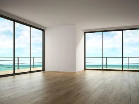 Interior of empty room with sea view 3D rendering Stock Illustration
