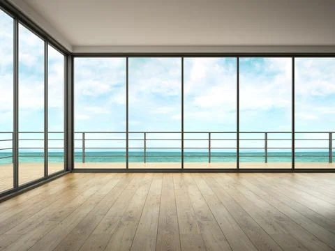 Interior of empty room with sea view 3D rendering Stock Photos