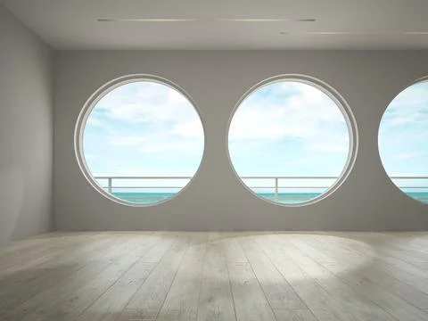 Interior of empty room with sea view 3D rendering Stock Photos