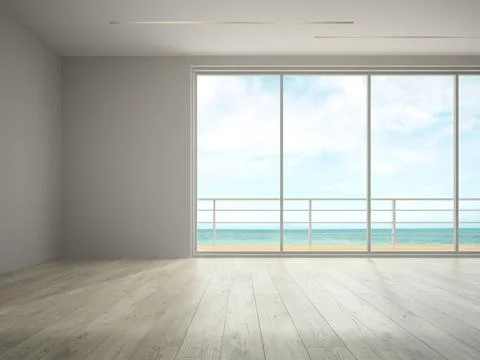 Interior of empty room with sea view 3D rendering Stock Photos