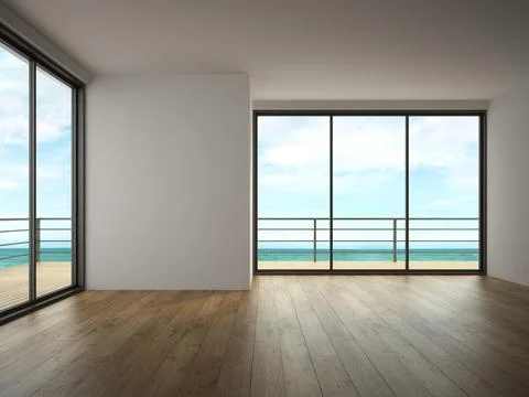 Interior of empty room with sea view 3D rendering Stock Photos