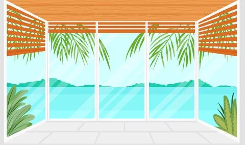 Interior of empty room with a view to ocean landscape. Tropical resort apartm Stock-Illustration