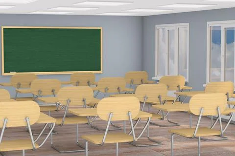 Interior empty school classroom. 3d illustration. Back to school Illustrazione stock