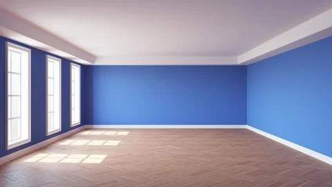 Interior of the Empty Sunny Room with Blue Wall, Three Large Windows Stock Illustration